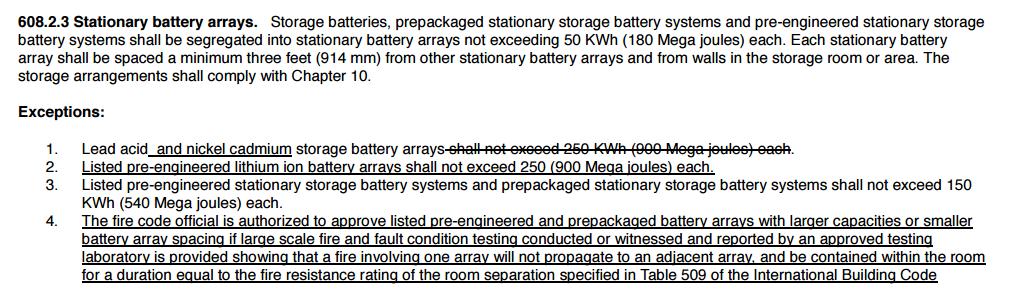 Pending Modifications to Proposal F95-16 Stationary battery arrays not exceeding 50 KWh (180 M Joules) Each stationary battery array shall be spaced a minimum
