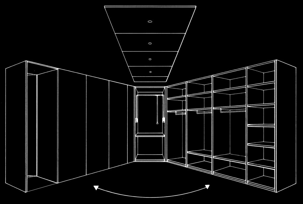 Walk-in wardrobe space Planning and order example Start: ceiling panel - door passage D.P. E.L. D.P. E.L. W.P. W.P. W.P. D.P. D.P. E.L. E.L. a 4 5 5a W.P. = wall panel D.P. = ceiling panel E.L. = fitted light a 4 5 5a W.