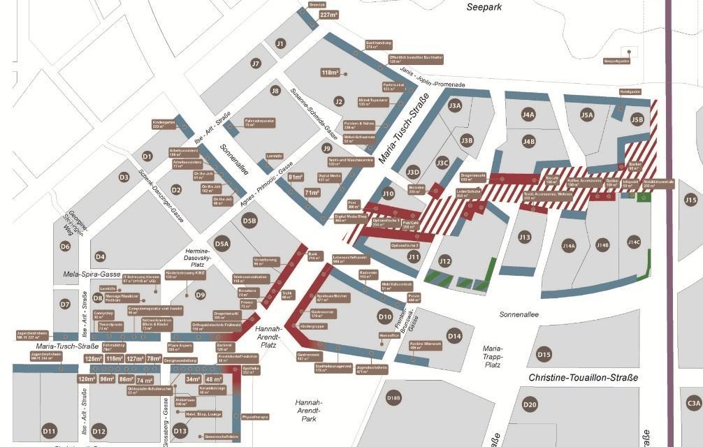 Austria s first managed shopping street Local amenities in place from the outset 9,000 sqm of ground-floor zones defined as shopping street Managed "red zone" of
