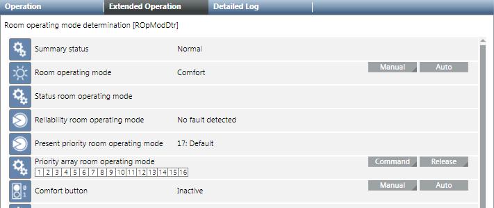 3 Room operation as of V6 Selecting Room The Advanced Operation tab displays the properties. 2. Select the Priority Matrix Room Operating Mode property and click Manual.