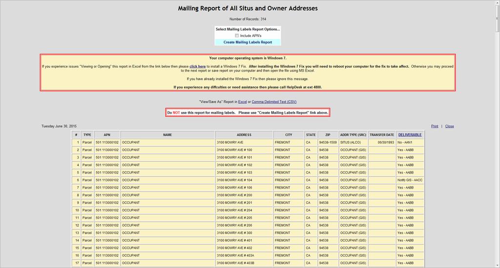Mailing Report (Listing of all properties non