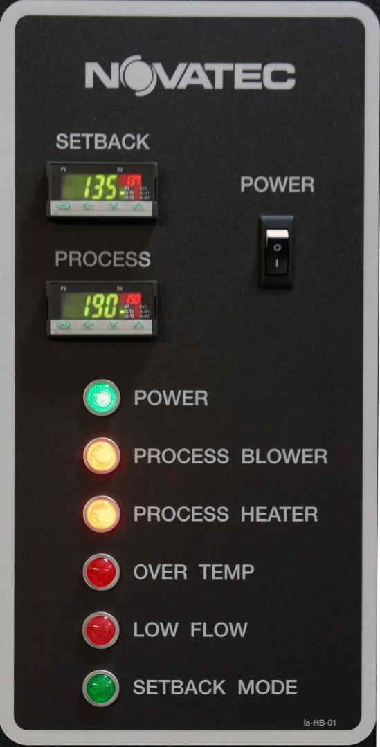 6 CONTROL PANEL 6.1 Control Panel Overview Control for setback temperature Control for drying set points 1 and 2 Lights indicate status of all heater/blower functions 6.