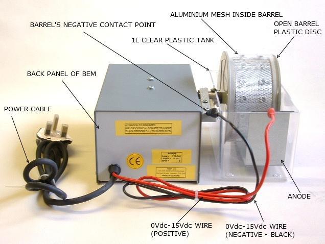 REMEMBER: The ampere gauge shows amperes range only when the anode and barrel are in the solution and under an electric current (switched on) INSTRUCTIONS: Prepare the solution you wish to use and
