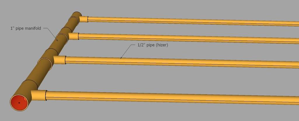 I soldered the pipe manifolds (these make the sides of the absorber) together in the shop, alternating short pieces of 1 pipe and a 1 x 1 x ½ T (see drawing).