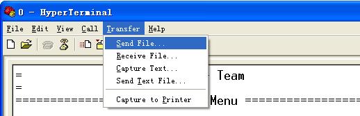 From the Top Menu, select Transfer, then Send File to select the.