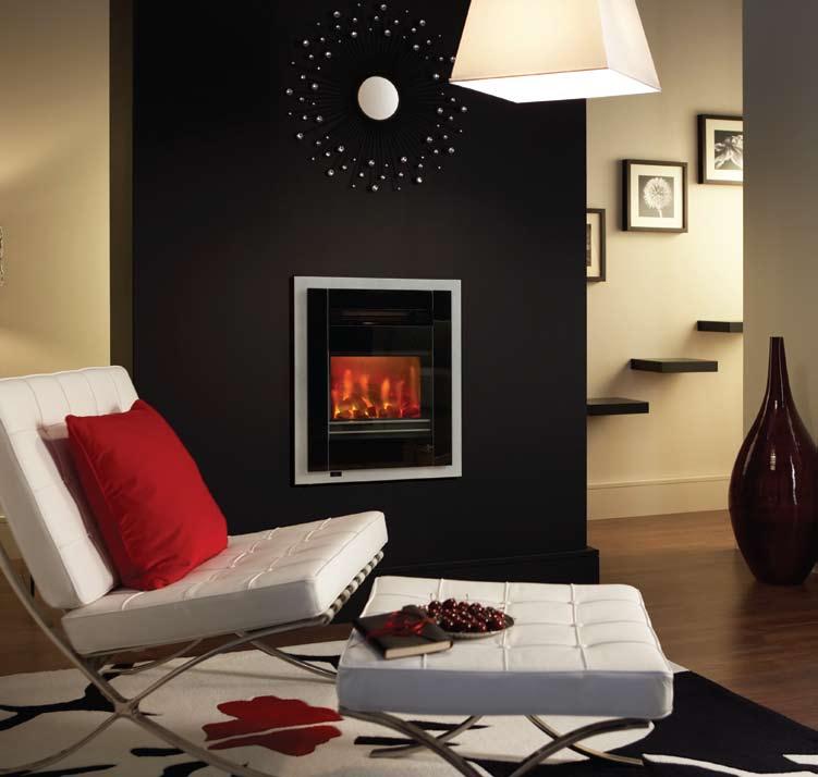 46 Innova Electric Fire The Innova fire is based on purity of form and quality of materials. The elegant glass and silver fascia aptly suggests that it conceals new technology.