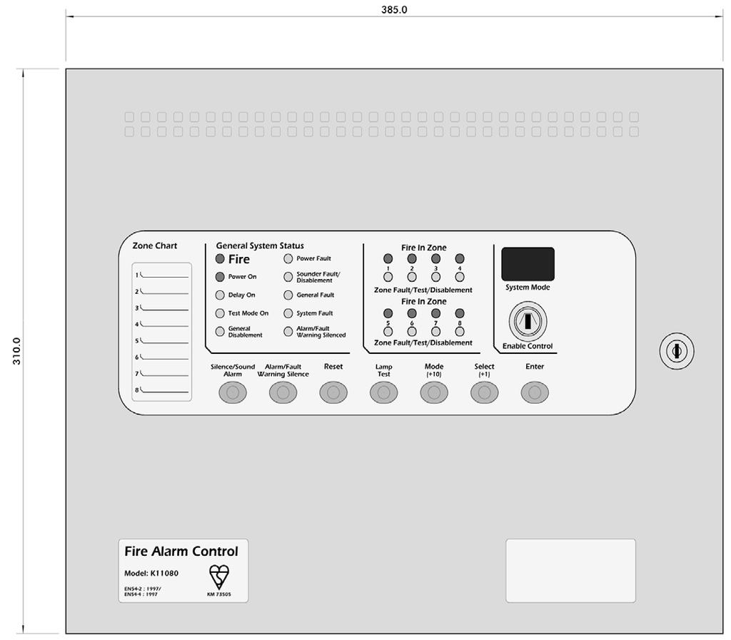 4B5. Control panel fascia In addition to the mandatory controls and indications required by the EN54-2 standard, two, seven segment, LED displays and MODE, SELECT and ENTER buttons are provided to