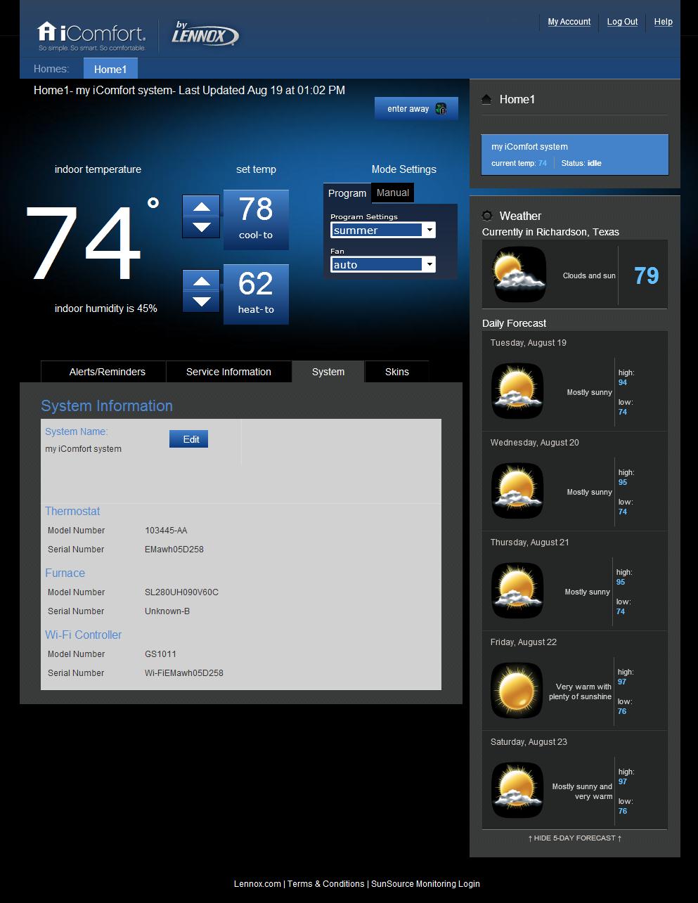 HOMEOWNER REMOTE ACCESS WEBSITE DASHBOARD Remotely control any icomfort Wi-Fi Thermostat on a home wireless network. Accessible to the homeowner at: www.myicomfort.com. Tabs at the top for different locations (Home 1, Home 2, etc.
