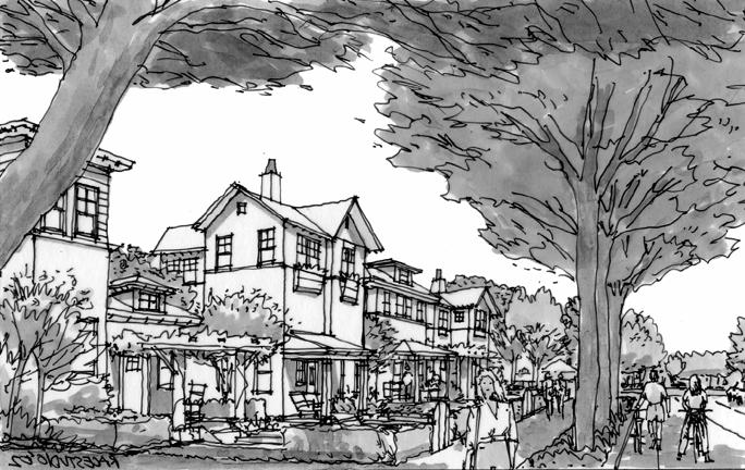 LEFT: Typical Single Family Street This sketch illustrates a friendly single family block that features architectural variety, street-oriented sitting porches, and strong streetscape framework.