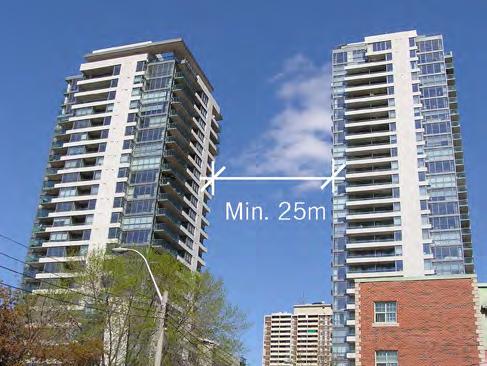 0 metres, but it may be reduced if there are no primary windows on the wall facing an abutting building. For buildings 8 storeys in height or greater, a minimum building separation of 18.