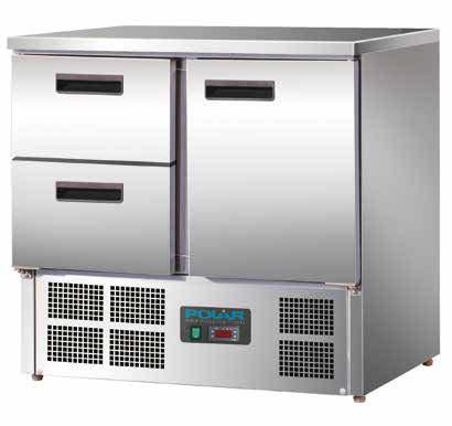 57 kwh/annum 2 C to 8 C 32 C R600a 880(H) x 900(W) x 700(D)mm 74kg 4 Drawer Counter Fridge Refrigerated storage counter with stainless steel work surface.