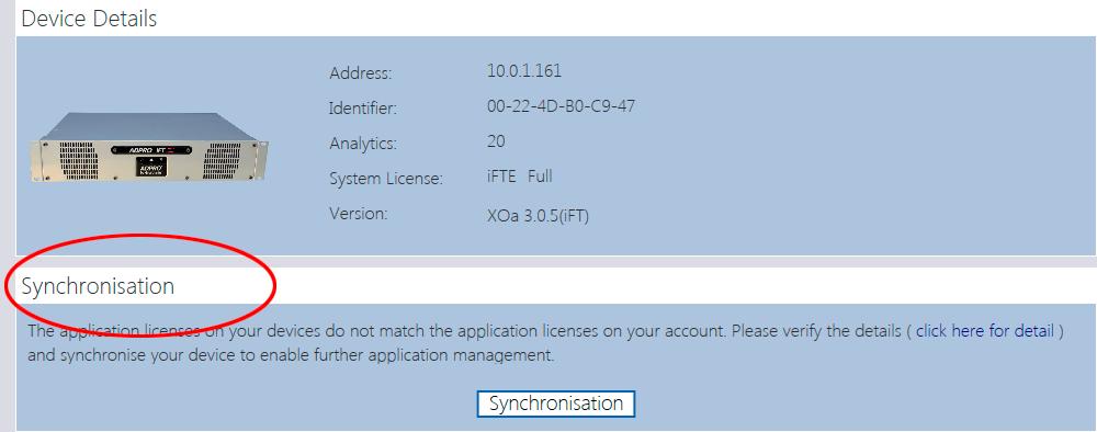 User Manual 13 Synchronising Devices Xtralis Xchange Tool A device is out of sync when the license information on the device and the license information in the Xtralis database are different.