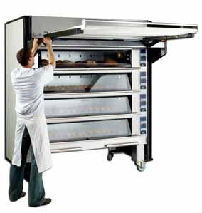 This storage position allows the baker to unload the bread with a peel, or bake pan bread, Danish pastries, muffins, tarts or cakes using sheet pans.