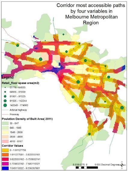 Figure 8: the most accessible corridors considering road transportation variables In this pattern, considering distribution of main arterial highways and freeways out of central area of Melbourne