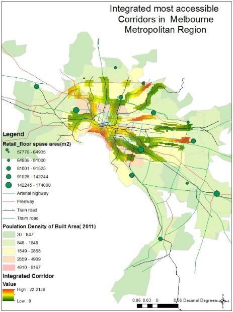Figure 10: Integrated corridor (road transport, public transport, population density and shopping centers) Considering six variables and employing four variables in each development corridor pattern