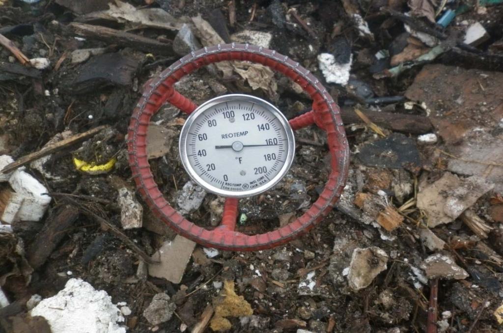 MONITOR TEMPERATURES Compostable materials should not exceed 160 F Break down and spread hot piles