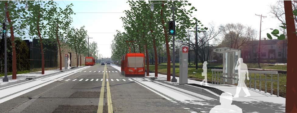Figure 6. Simulation of Modern Streetcar in Operation The first group of alignment alternatives is known as Group A, and includes the alternatives east of Martin Luther King Jr. Avenue.