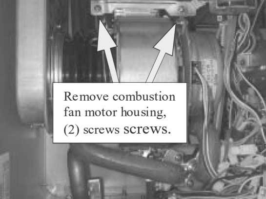 Removal of the Combustion Fan: CAUTION 120 volt potential exposure. Isolate the appliance and reconfirm power has been disconnected using a multimeter. a. Disconnect wiring harness from fan motor.