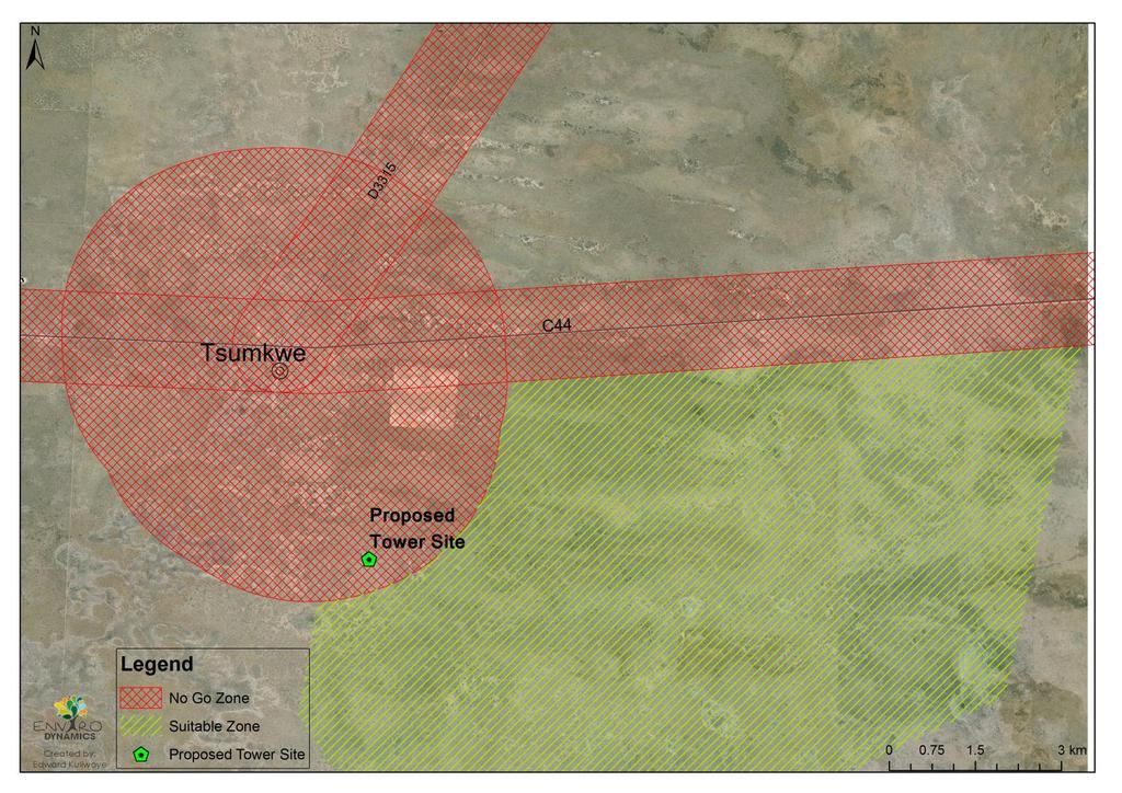 8 Figure 2: Map of sensitivities for the Tsumkwe site 1.5 ASSESSMENT OF IMPACTS Should the mast be constructed within the suitable area, environmental impacts will be minimal.