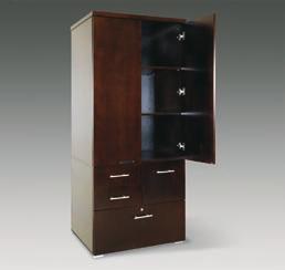 THE WARDROBE CABINET PLACED ON TOP OF A MULTI-PURPOSE FILE ADDS STYLE AND FUNCTIONALITY TO ANY EXECUTIVE OFFICE.