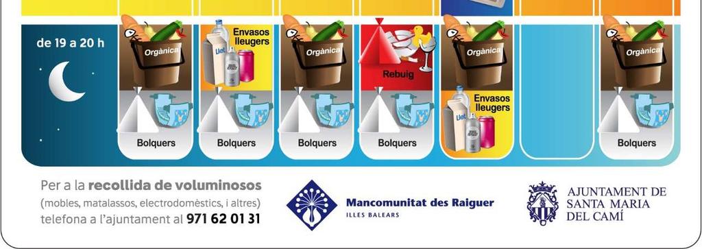There are collection points for the following waste streams: Household waste: Paper and cardboard ( Paper/Cartró ) Glass ( Vidre ) Light packaging ( Envasos Lleugers ) Organic matter ( Orgànica )