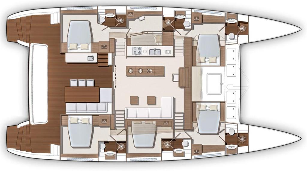 6 CABINS, 6 HEADS - CENTRAL GALLEY Main deck Saloon - Access from the cockpit through sliding & locking door with latching mechanism inside and out.