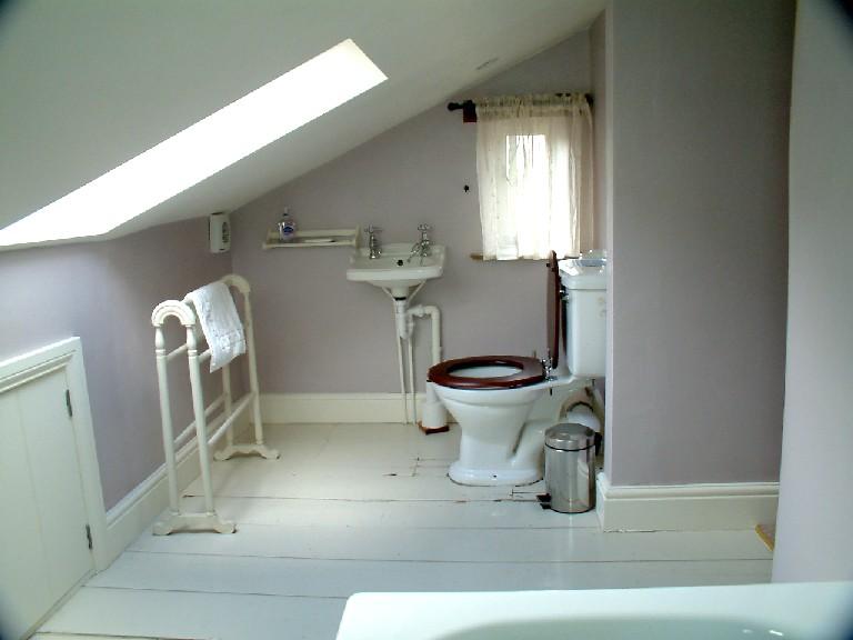 WC with high level cistern. Pedestal basin.