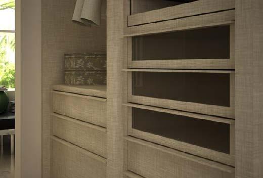INTEGRATED Integrated swing doors wardrobe in silk grey lacquer matt fronts and integrated metal handles.