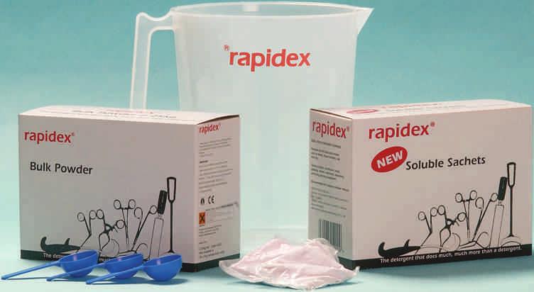 Instrument Cleaning Brushes and Pipecleaners Instrument Cleaning Agents Rapidex Cleaner - (Now supplied in bulk or water soluble sachets) An effective degreaser and general instrument cleaner.