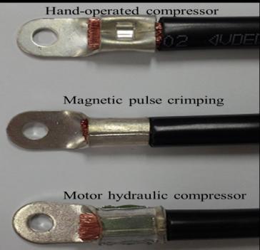 When using the handoperated compressor for crimping, a terminal was crimped by applying non-uniform pressure to the terminal, so the rear side of the terminal was distorted.