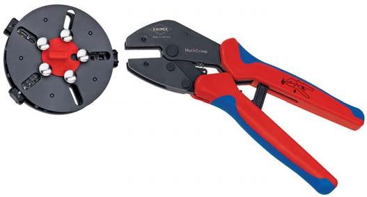 KNIPEX MultiCrimp Crimping Pliers with changer magazine 33 > just one tool for the most common crimping applications > crimping dies changed quickly and easily without any additional tool > sorted