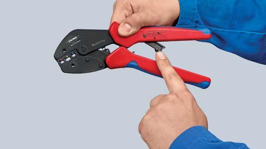 33 02 Crimping pliers with round magazine and five interchangeable crimping dies for non insulated open plug type connectors (plug width 8 6 3 mm) from 0 5 6 mm²; for insulated terminals, plug