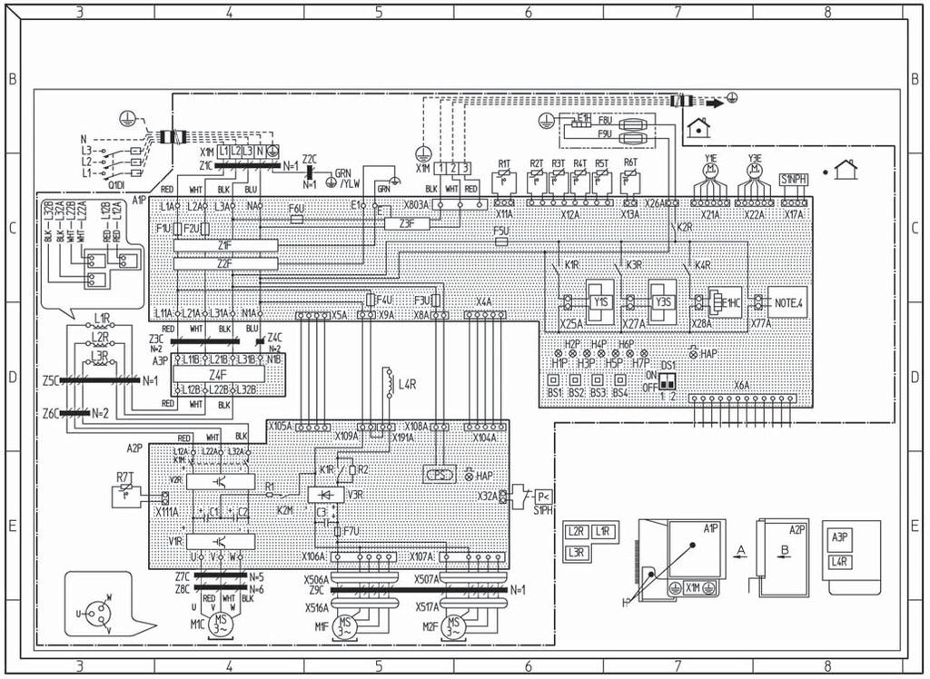 8 Wiring diagrams Daikin Altherma low temperature split ERLQ-CW 8 - Wiring Diagrams - Three Phase ERLQ0-06CW 8 Power supply 3N~400V 50Hz Indoor Outdoor Reactor terminal position Note 4 Compressor