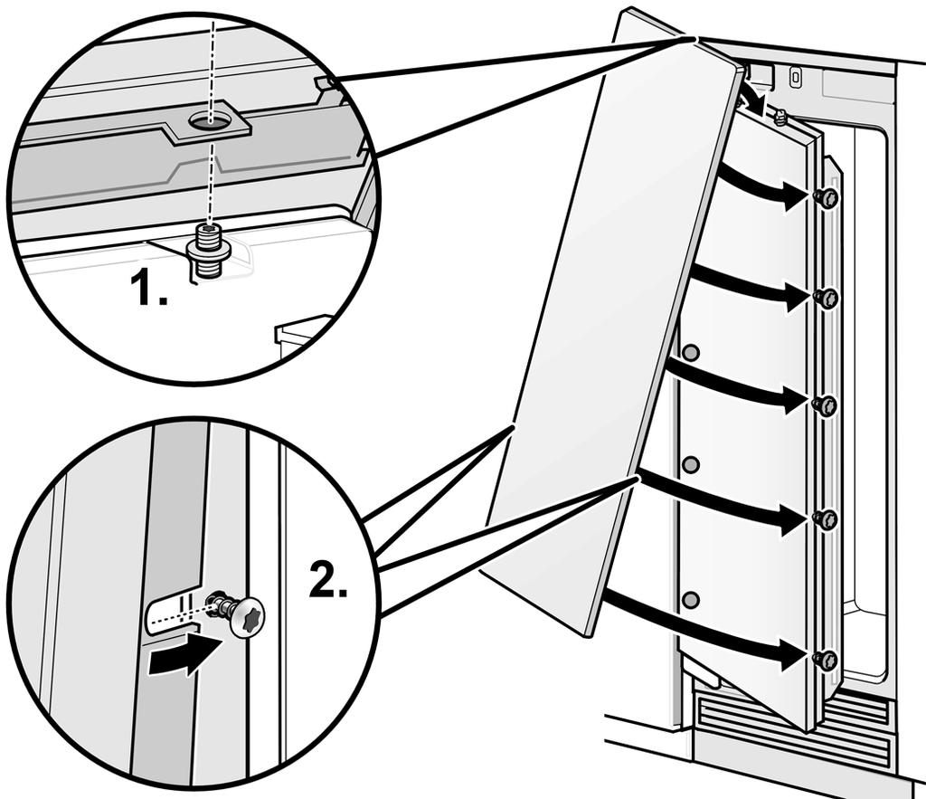 3. Open the appliance door. 4. Hang furniture door with the adjusting rail onto the threaded rods (1.). 5.