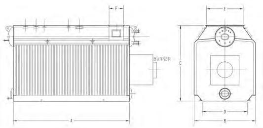 O Type Steam Watertube Boiler 1 Side elevation Front view Boiler Model Number Capacity # / hre A Length B Width C Heigth D Base Width E Gas Outlet Width F Length Dry Weigths (in Pounds) O1-30 30,000