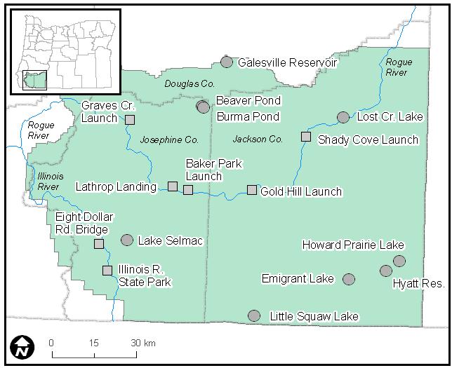 FIGURE 1. WATERBODIES WITHIN THE BLM MEDFORD DISTRICT SURVEYED FOR AQUATIC PLANTS DURING 2010 AND 2011. SQUARES REPRESENT RIVER BOAT LAUNCH SITES, CIRCLES REPRESENT LAKE AND RESERVOIR SITES. TABLE 1.