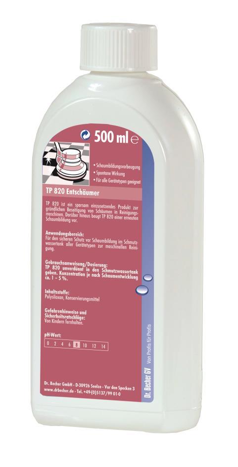 TP 820 Defoamer Product Features: - cold and hot water-resistant anti-foam concentrate - to prevent excessive foaming in cleaning machines.