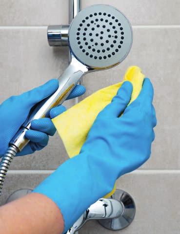 U Wipe taps with all-purpose bathroom cleaner and a cloth or a sponge.