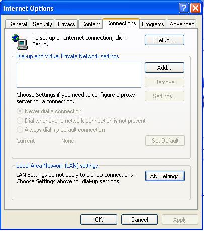 Procedure 1. Launch Internet Explorer. 2. Select Internet Options from the Tools menu. The Internet Options window opens. In the Internet Options window, select the Connections Tab. 3.