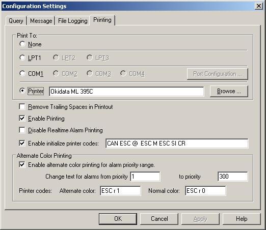 Configuring Alarm Printing and Logging 223 3 Click the Printing tab. 4 In the Print To area, select the connection to the alarm printer. Click None to not use a printer.