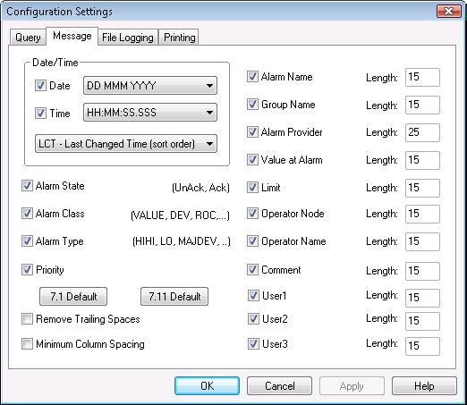 Configuring Alarm Printing and Logging 229 Configuring the Format of Print and File Output Each option you select appears as a separate field in the printed output.