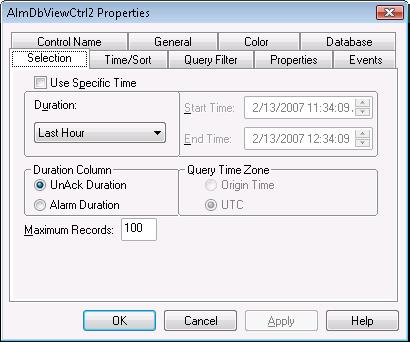 Configuring the Alarm DB View Control 289 To select the time period of data 1 Right-click the Alarm DB View control and then click Properties. The AlmDBViewCtrl Properties dialog box appears.