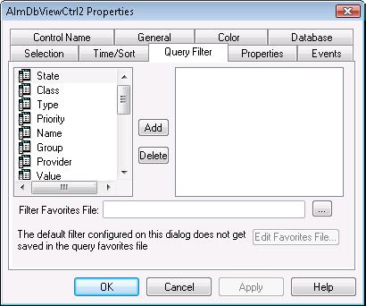 Configuring the Alarm DB View Control 291 To create custom filters 1 Right-click the Alarm DB View control and then click Properties. The AlmDBViewCtrl Properties dialog box appears.