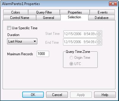 Configuring an Alarm Pareto ActiveX Control 347 Selecting the Time Period You can set query values to select records based on the selected time.