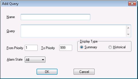 426 Appendix A Working with the Distributed Alarm Display Object 2 Click Add. The Add Query dialog box appears. 3 Configure the query.