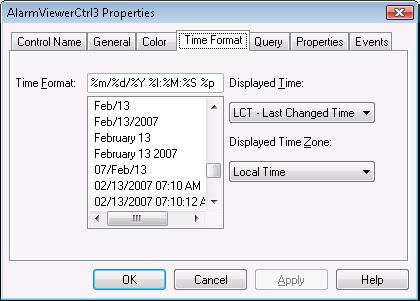 70 Chapter 4 Viewing Current Alarms To configure the time format 1 Right-click the Alarm Viewer control and then click Properties. The AlarmViewerCtrl Properties dialog box appears.