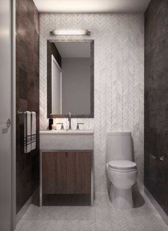 SECONDARY BATHROOM POWDER ROOM Secondary bathrooms are rich with textures, from hive tile Calacatta marble accent