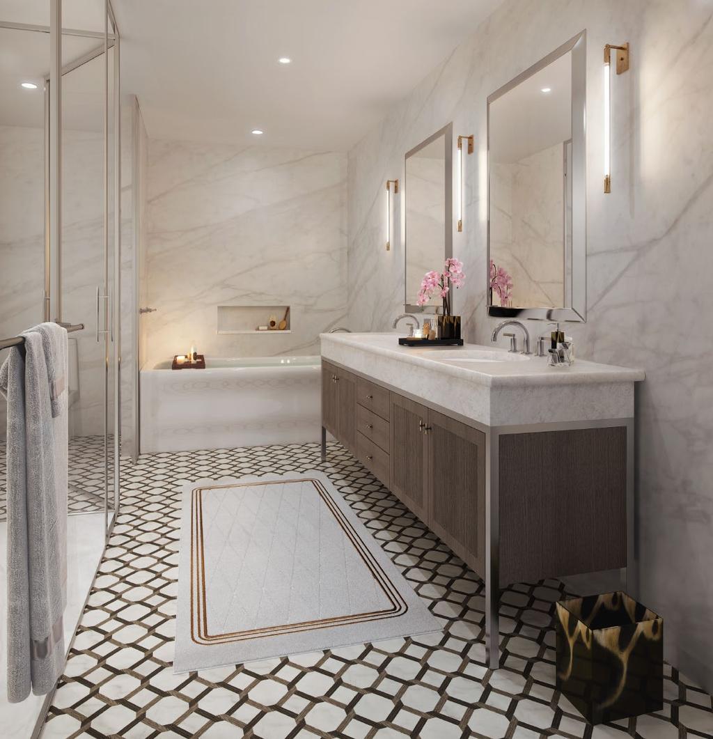 MASTER BATHROOM Master bathrooms are tiled in an Empire-style rattan pattern in marble and porcelain, with Bianco Bello marble walls and countertops.
