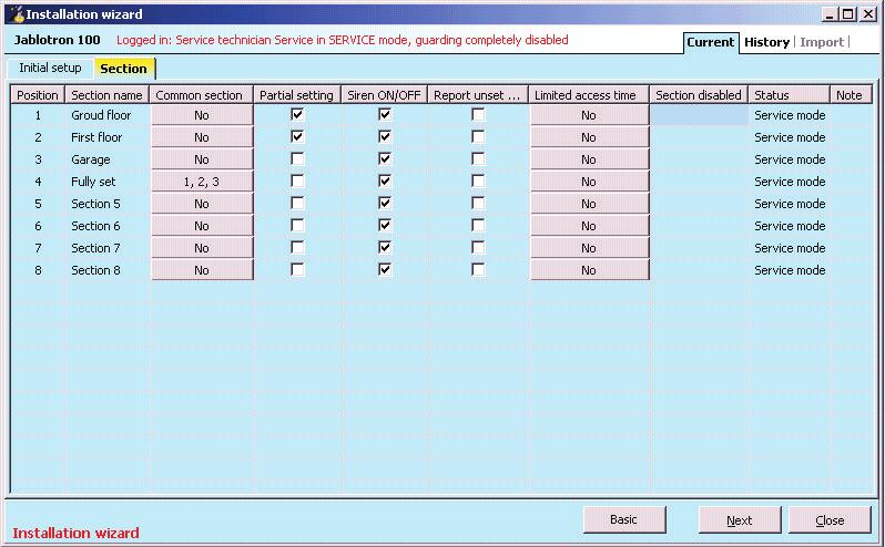 10.4 Sections tab Used to configure parameters of independently controlled monitored sections (zones). To make changes in this tab you do not need to be in the Service mode.