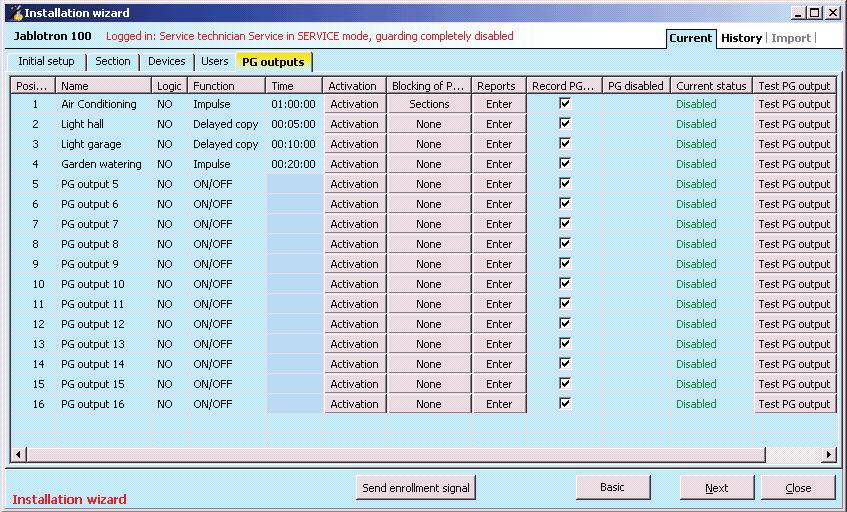 10.7 PG outputs tab It is used to set functions of the programmable outputs. The tab will display as many positions as you have selected in the Initial setup tab.